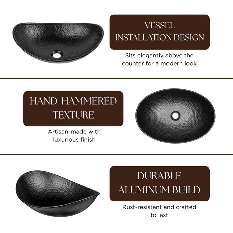 Monarch Abode Bathroom Sink â€“ 19-Inch Harbor Vessel Bathrooms Countertop Sink, Bathroom Vessel Sinks, Above Counter Hand Hammered Matte Black Aluminum Bath Sinks for Restroom Vanity or Powder Room - Image 4